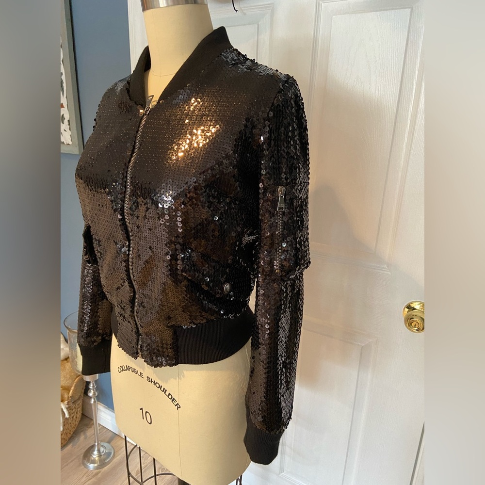 DOLCE & GABBANA Black Sequin Bomber Jacket Size 42 - Picture 4 of 17